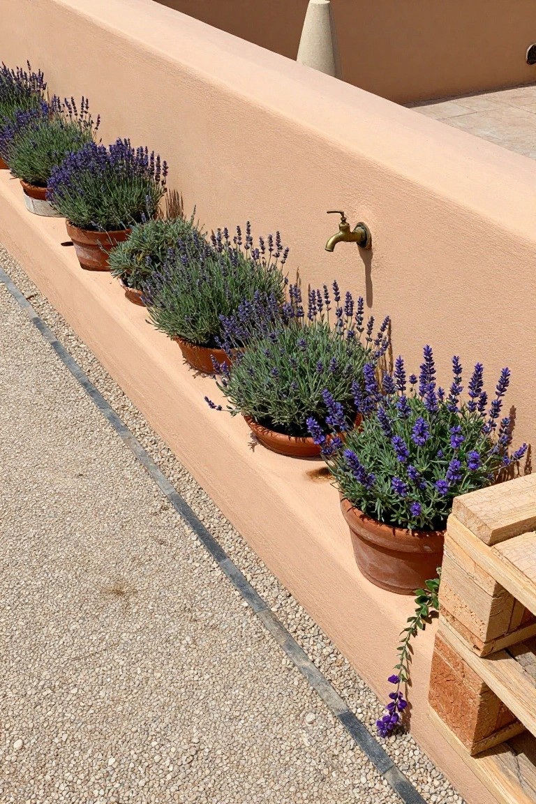 A row of terracotta pots filled with lavender plants sits on a low peach-colored wall next to a brass faucet, with a wooden pallet visible at the corner.