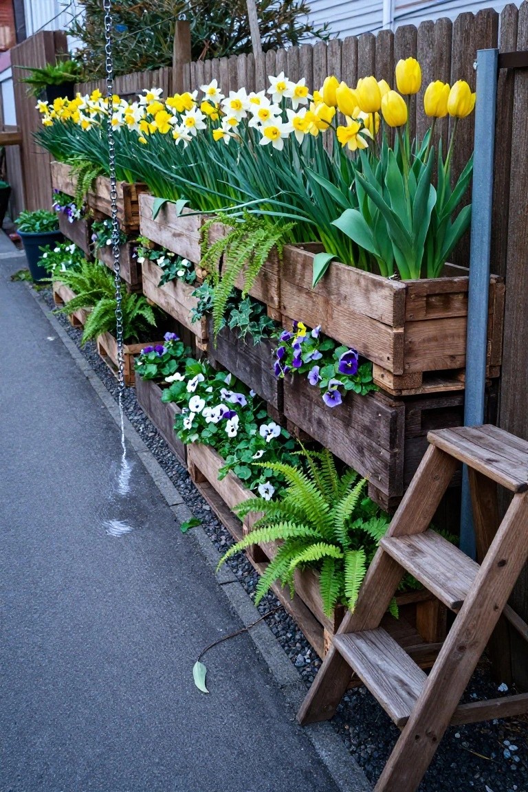 Vertical wooden planters with daffodils, tulips, pansies and ferns beside a ladder.