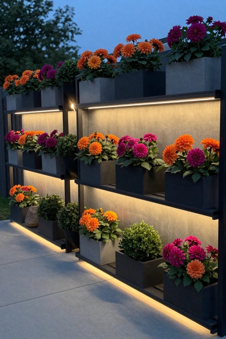 A multi-level outdoor planter display mounted on a dark frame against a wall, filled with orange and magenta flowers in gray and black containers, with horizontal LED lighting at each tier.