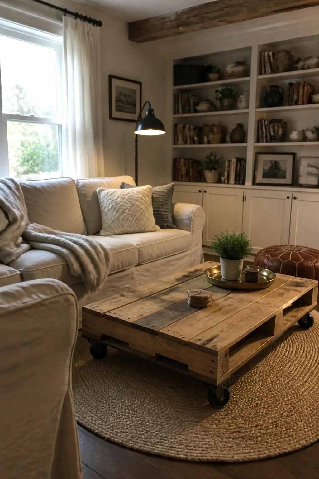 A wooden pallet coffee table on black casters sits on a round jute rug in front of a white sofa.