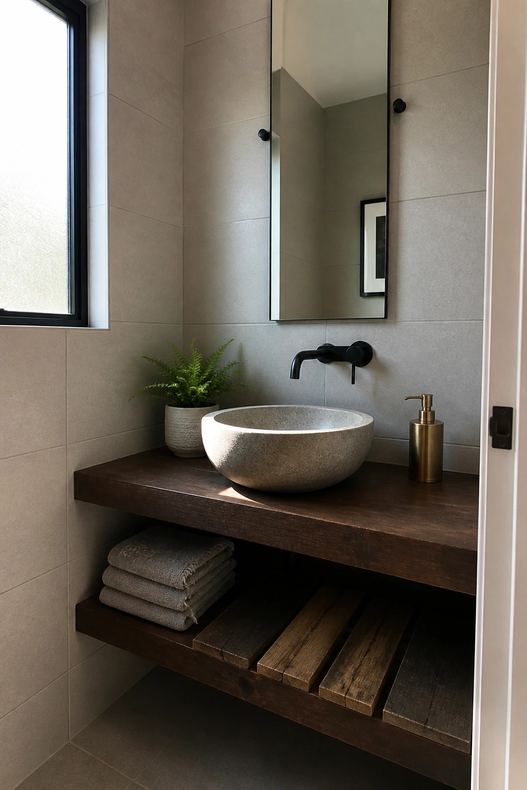 A bathroom vanity with a thick dark wood floating shelf holding a round stone sink, black wall faucet, brass soap dispenser, and stacked gray towels on the lower shelf.