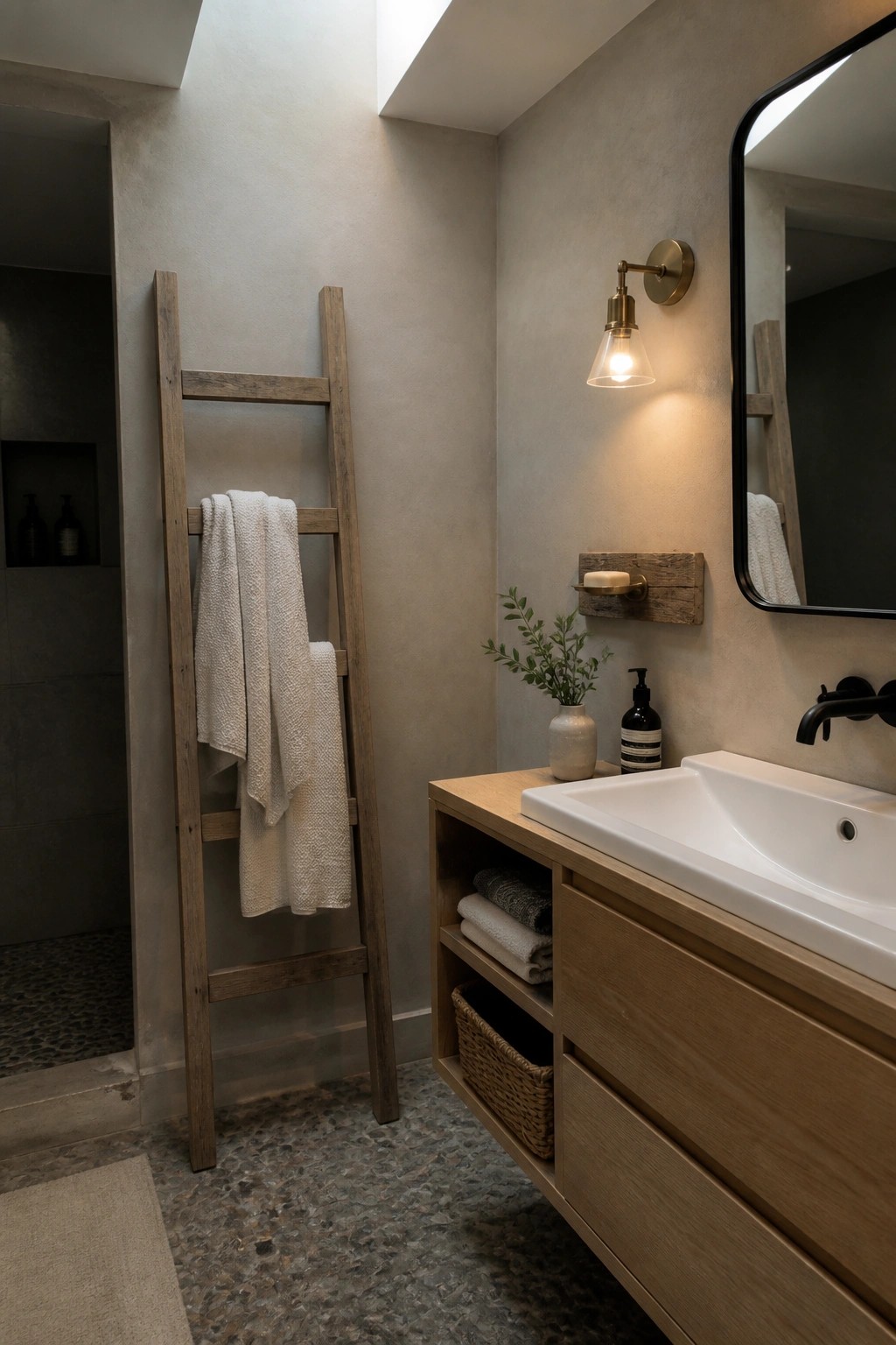 A bathroom interior with a wooden ladder leaning against a wall holding folded white towels, next to a light wood vanity with a white sink and open shelving.