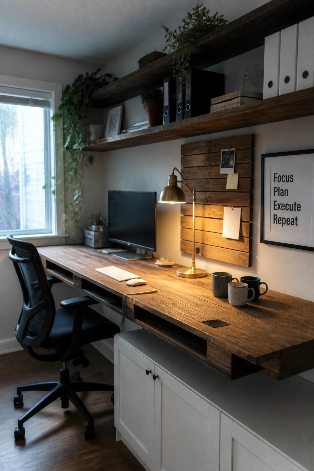 Wooden floating desk with monitor, lamp, mugs, black office chair, white cabinet, and plant shelves.