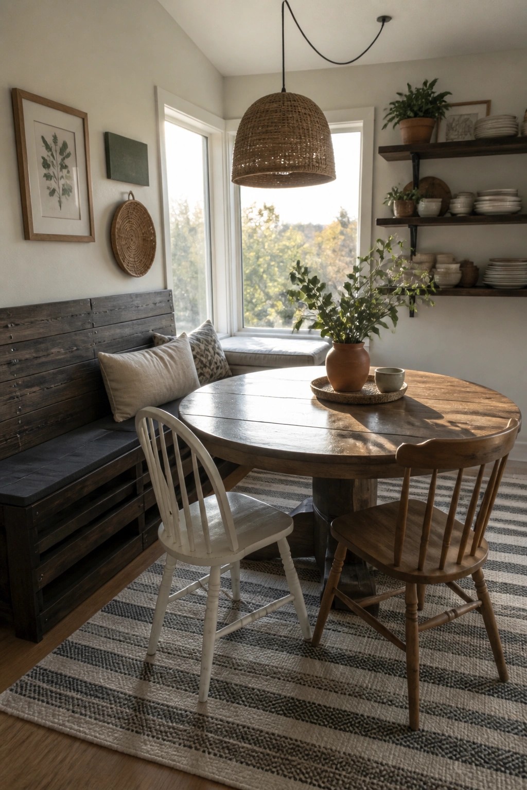 A dining nook with a round wooden table, two mismatched chairs, and a dark wooden pallet bench with cushions built along the wall under windows.