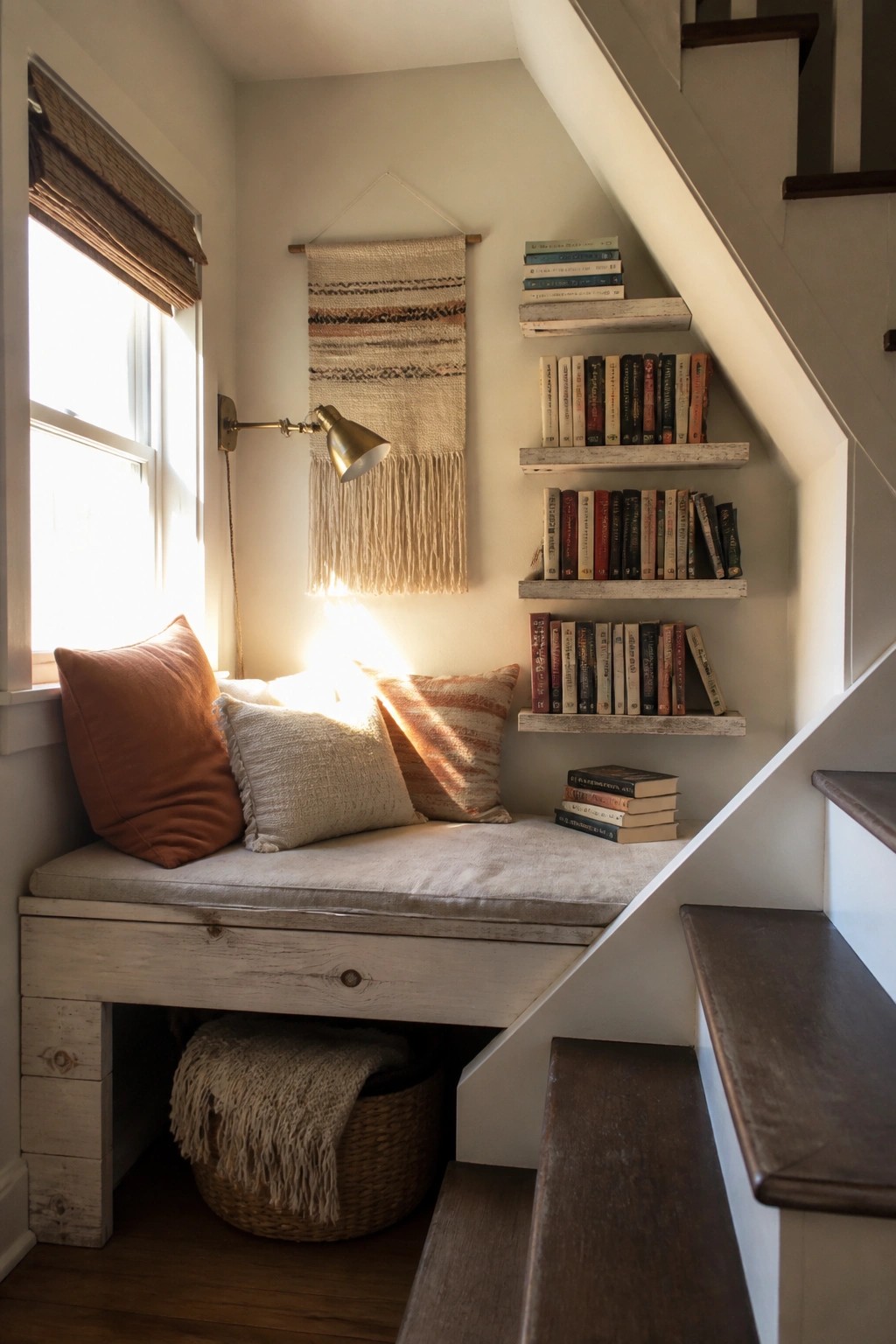 A built-in wooden bench under stairs with cushions, a wall lamp, bookshelves, and a woven basket stored below.