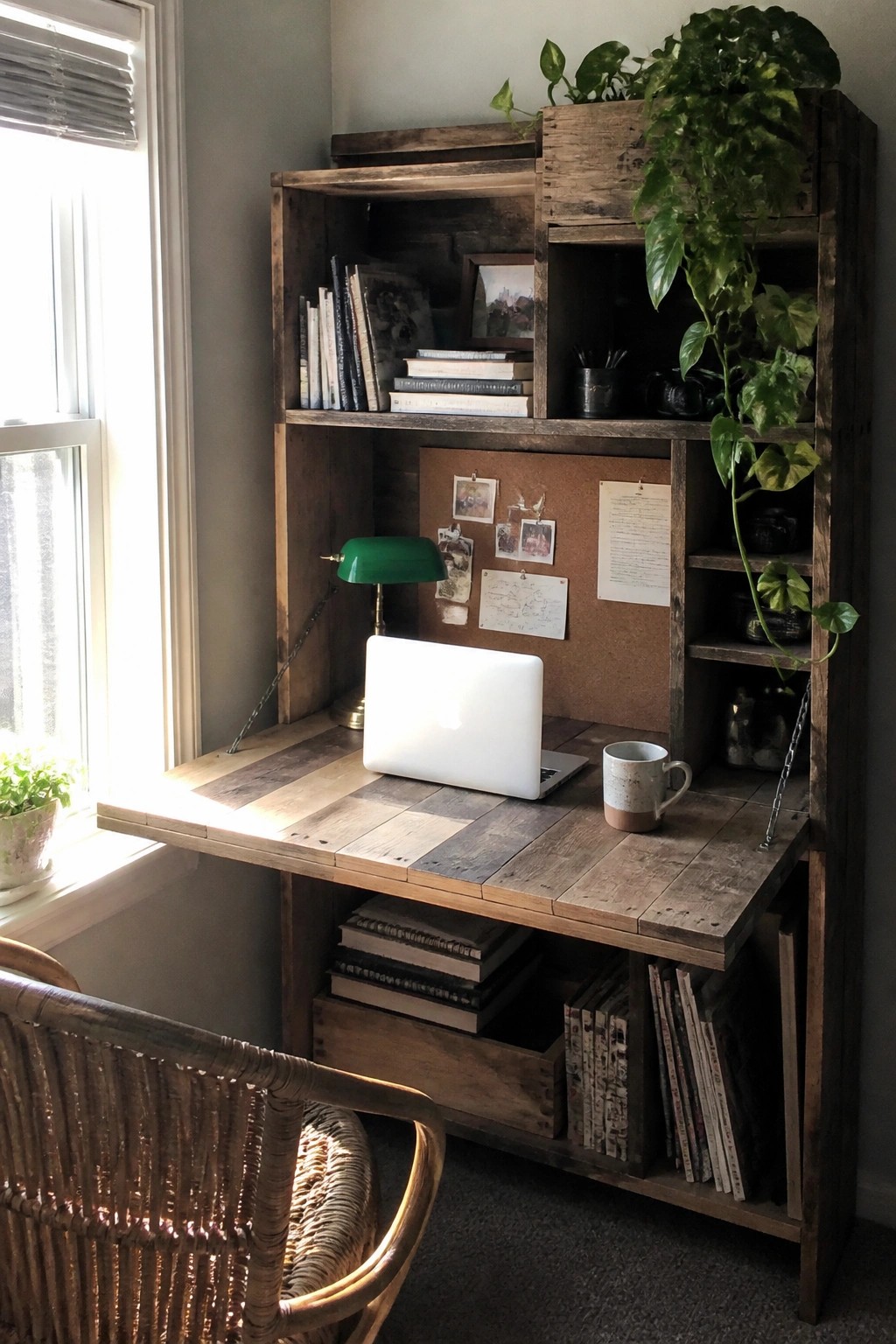 A reclaimed wood desk and hutch unit with a laptop, green lamp, mug, and corkboard section, positioned next to a window with a wicker chair in front.