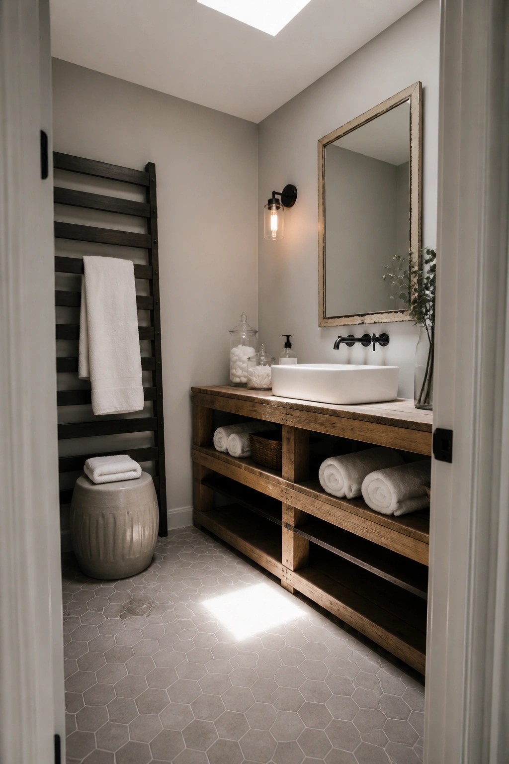 A bathroom with a reclaimed wood pallet vanity holding a white vessel sink, open shelves with rolled towels, and a dark ladder rack on the left wall.