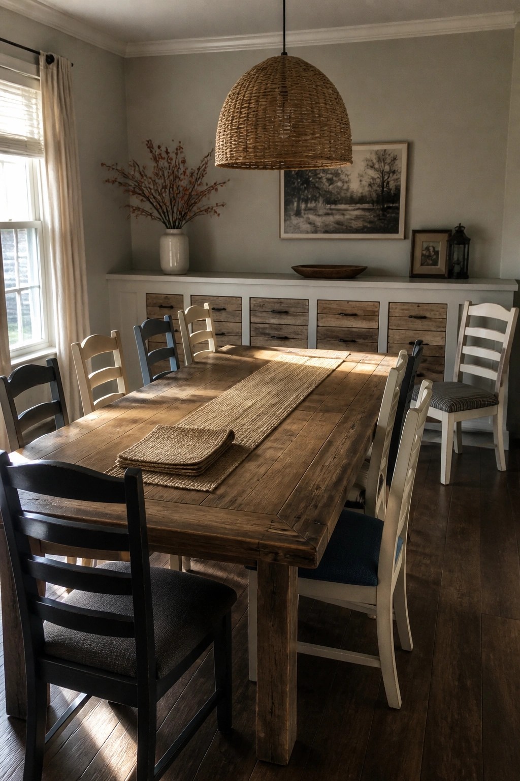 A rustic wooden dining table with mixed chairs sits in a light-colored room under a woven pendant light.