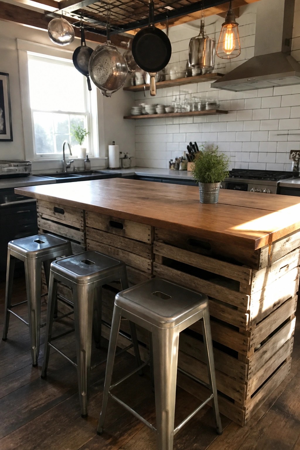 A kitchen island made from stacked wooden pallets with a thick wood top, three metal stools in front, and hanging pots above.