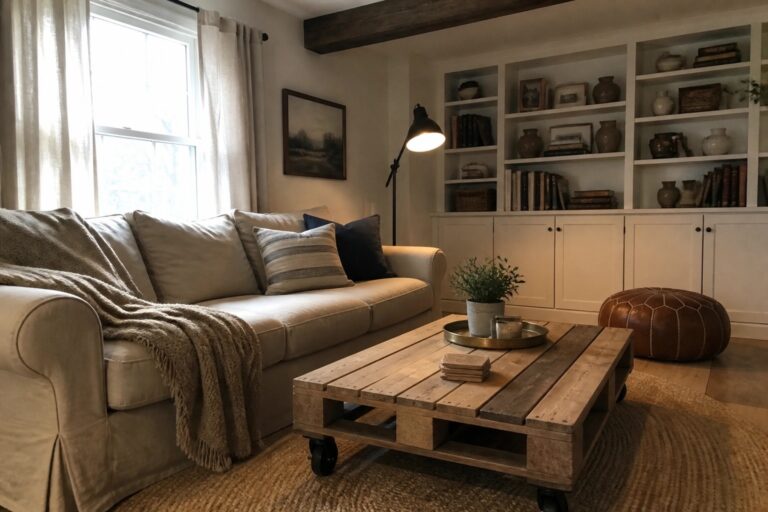 23 Creative Pallet Ideas for Beginner-Friendly Home DIY Projects A wooden pallet coffee table on black casters sits on a round jute rug in front of a white sofa.