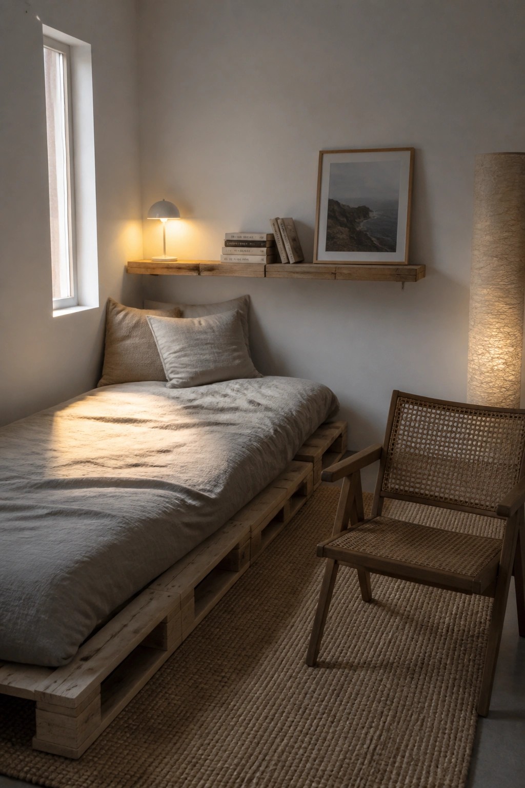 A bedroom interior showing a bed on stacked wooden pallets with a wooden shelf above holding books and a lamp, plus a woven chair on a rug.