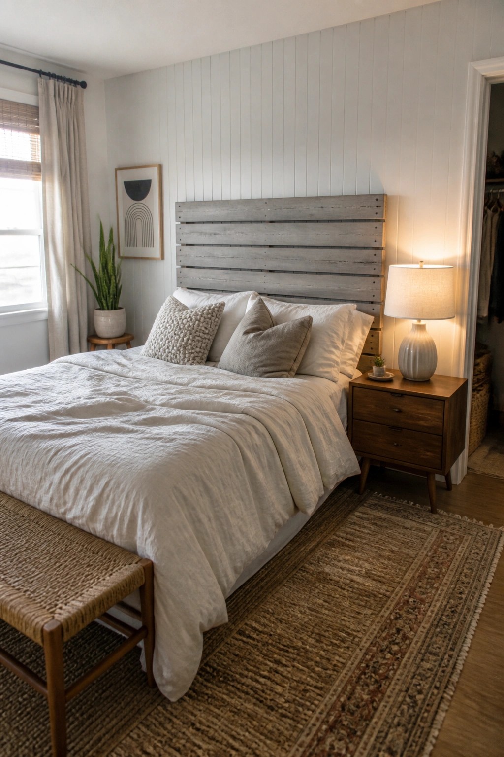 A bedroom featuring a bed with a gray wooden pallet-style headboard, white linens, and a wooden nightstand holding a lit lamp.