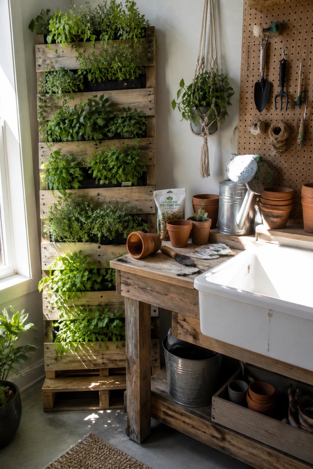 A wooden pallet vertical planter filled with green plants stands beside a rustic workbench with a white sink, metal watering can, and gardening tools on a pegboard wall.