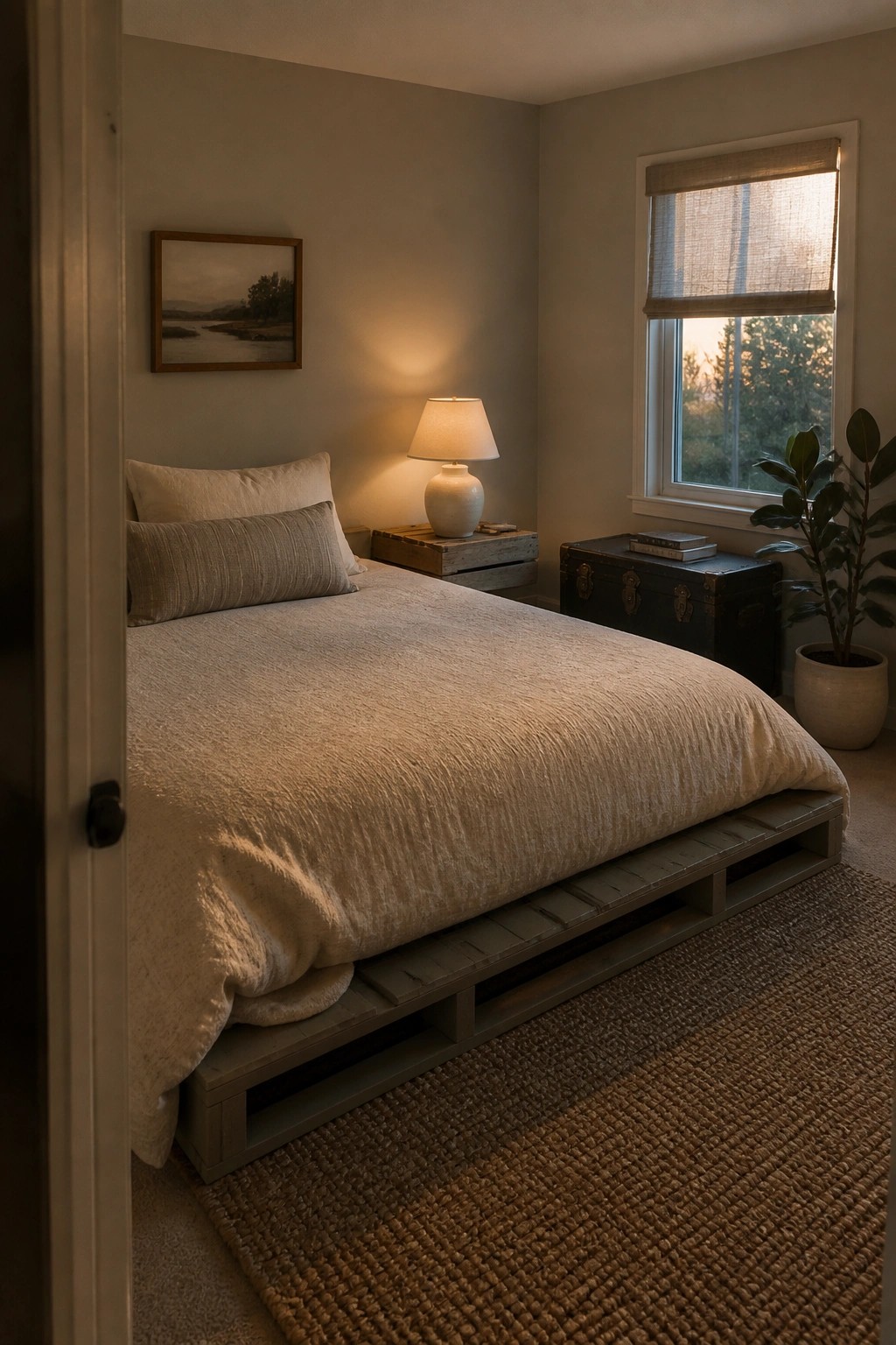 A bedroom featuring a low bed frame constructed from wooden pallets, with neutral bedding, a lamp on a small wooden crate, and a window with a rolled shade.