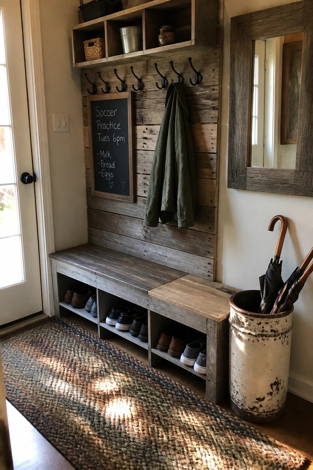 Wooden pallet bench with open shoe storage below, coat hooks, and chalkboard on a reclaimed wood wall in an entryway.