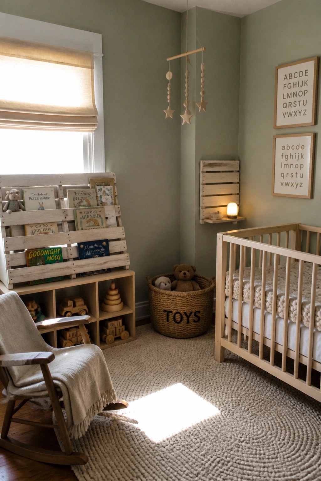 A nursery interior with a large wooden pallet used as a bookshelf holding children's books, a rocking chair in front, a wooden crib on the right, and a woven toy basket on the floor.
