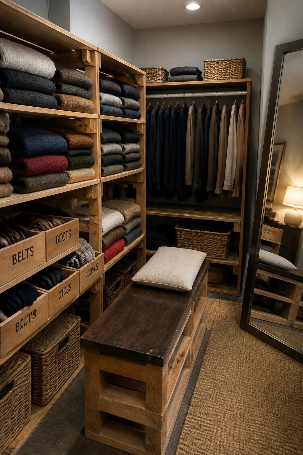 A walk-in closet with wooden pallet shelving holding folded clothes in crates labeled for belts and gloves, a dark wood bench with a cushion, hanging shirts, and woven baskets on upper shelves.