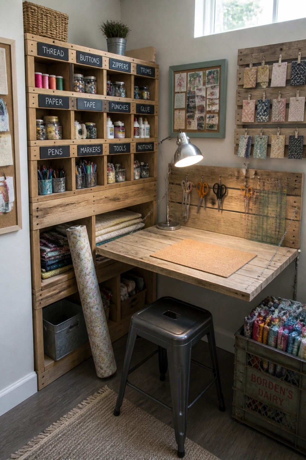 A craft workspace featuring a wooden pallet desk with cubby shelves holding jars, fabric, and tools, plus a metal stool and wall-mounted pallet organizer.