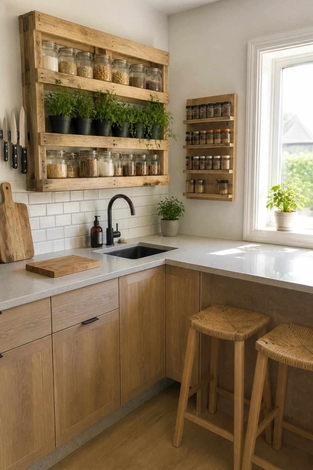 A kitchen with light wood cabinets, a black faucet, and several wooden pallet shelves holding glass jars and potted plants above a light countertop.