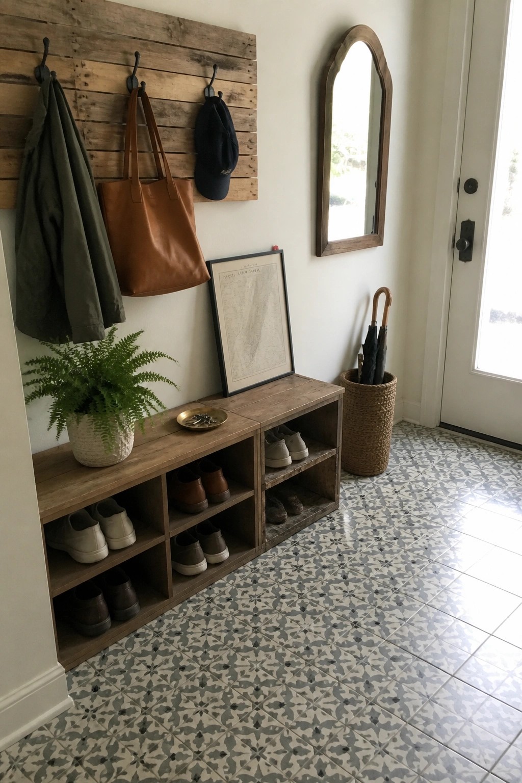 Wooden pallet wall rack with hooks and a matching pallet bench with shoe cubbies in a home entryway with patterned tile floor.