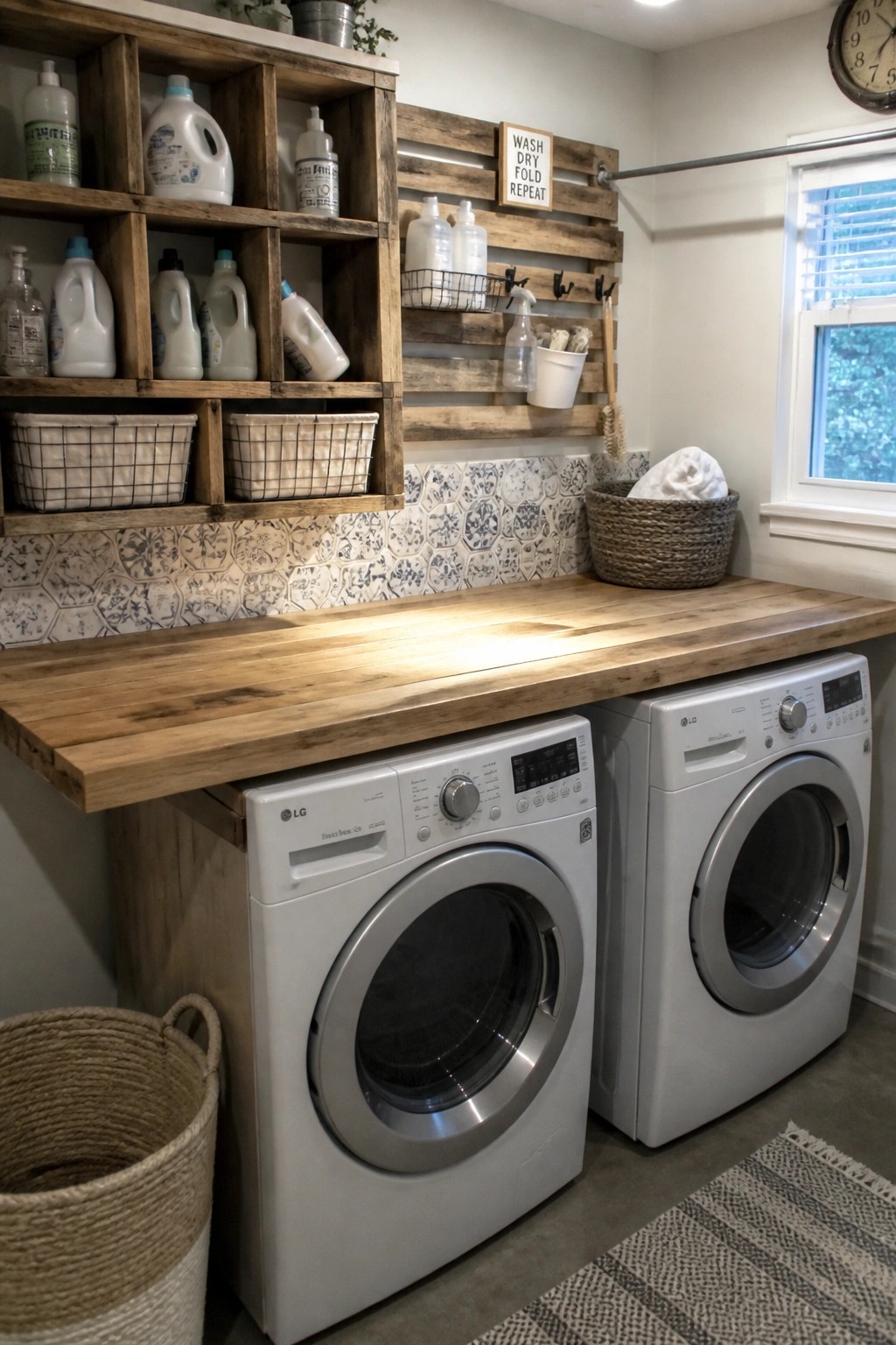 A laundry room with a reclaimed wood countertop over two front-loading washing machines and open wooden cubby shelves holding detergent bottles and wire baskets.