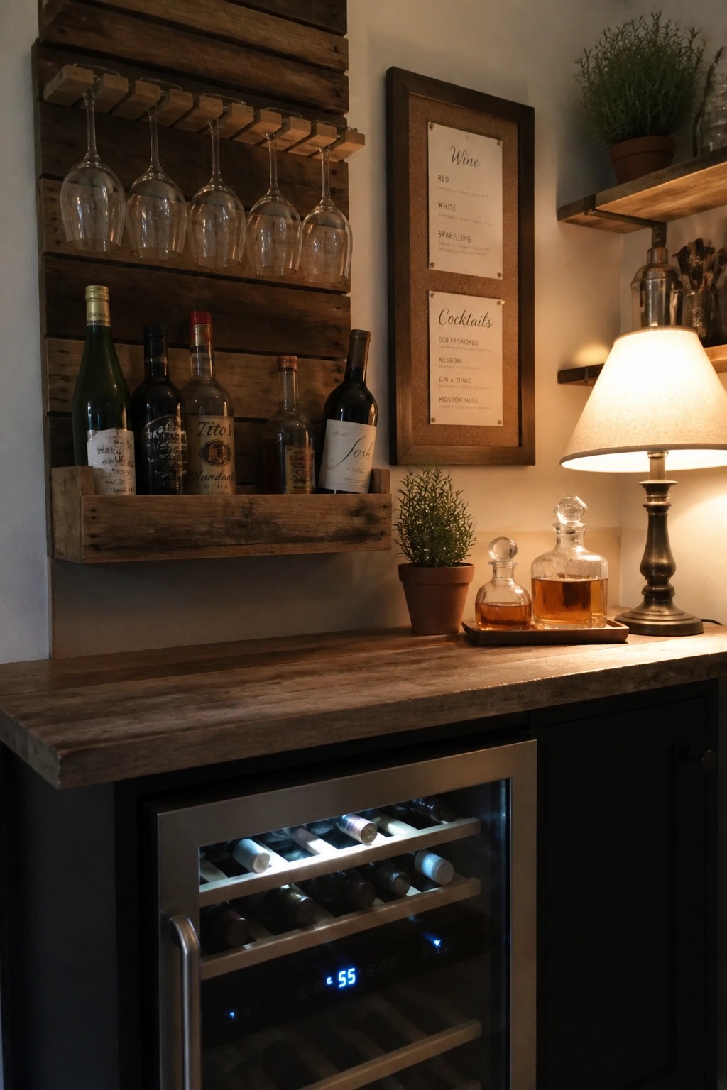Interior view of a home bar with pallet wood shelves holding wine bottles and hanging glasses above a wooden counter and illuminated wine refrigerator.