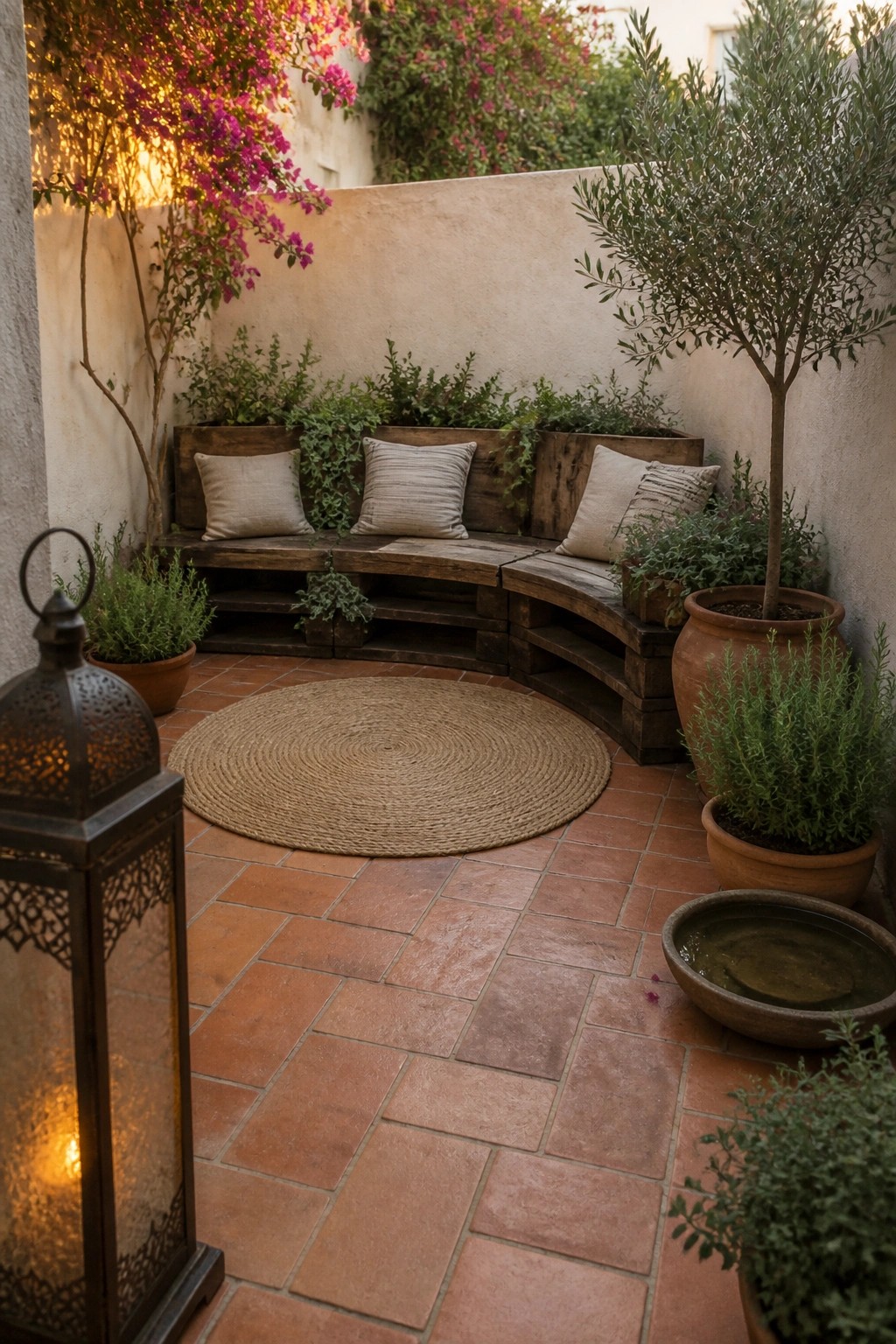 A curved wooden pallet bench with cushions on a terracotta patio, surrounded by potted plants and a round woven rug, with a lit lantern in the foreground.