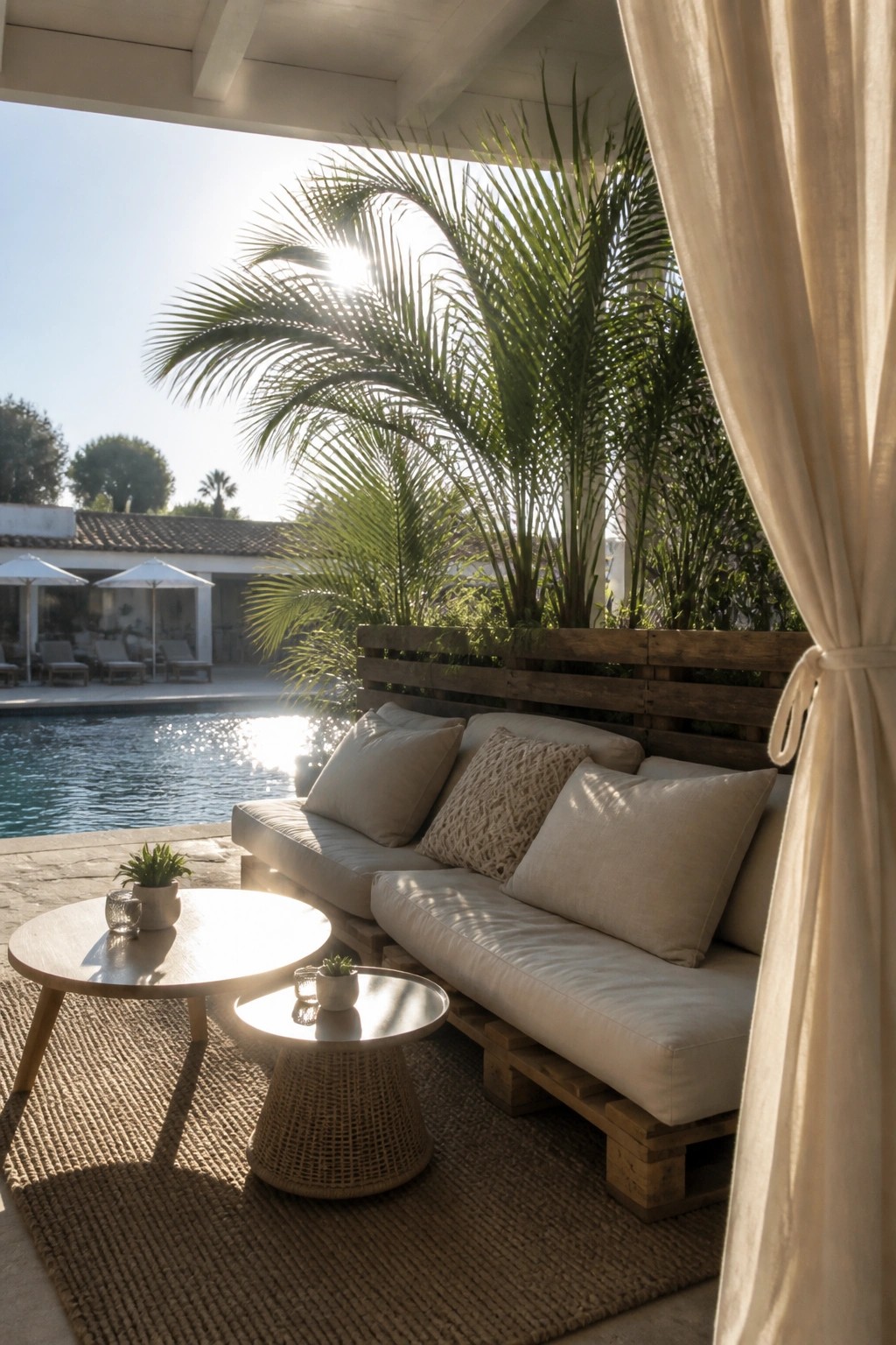 A pallet sofa with light cushions and pillows sits on a woven rug next to a swimming pool, with small round tables and potted plants nearby.