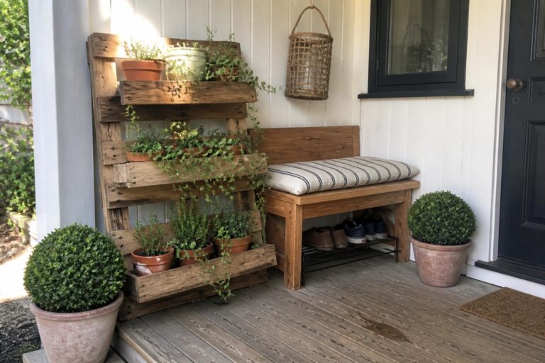 23 Easy Pallet Planter Projects Designed for Beginner DIYers A multi-tier wooden pallet planter mounted on white siding holds potted plants above a wooden bench with a shoe rack on a gray porch deck.