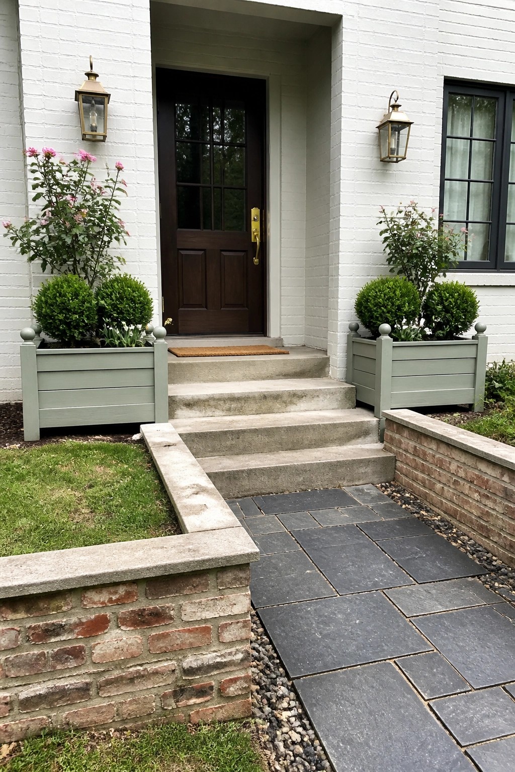 White brick home entrance with dark door, concrete steps, and green planters