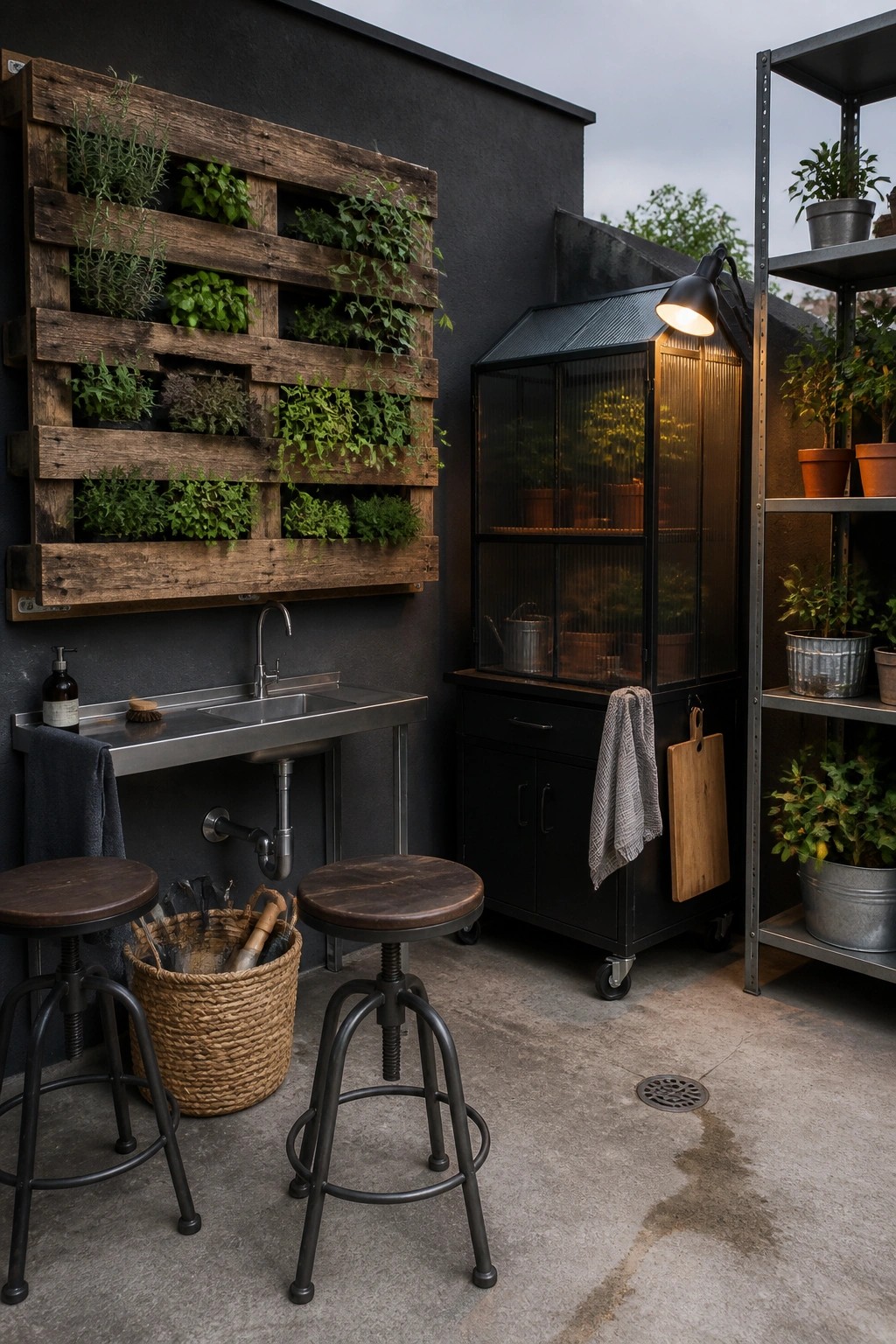 Rustic outdoor kitchen with vertical herb garden, stainless sink, stools, and lit cabinet.