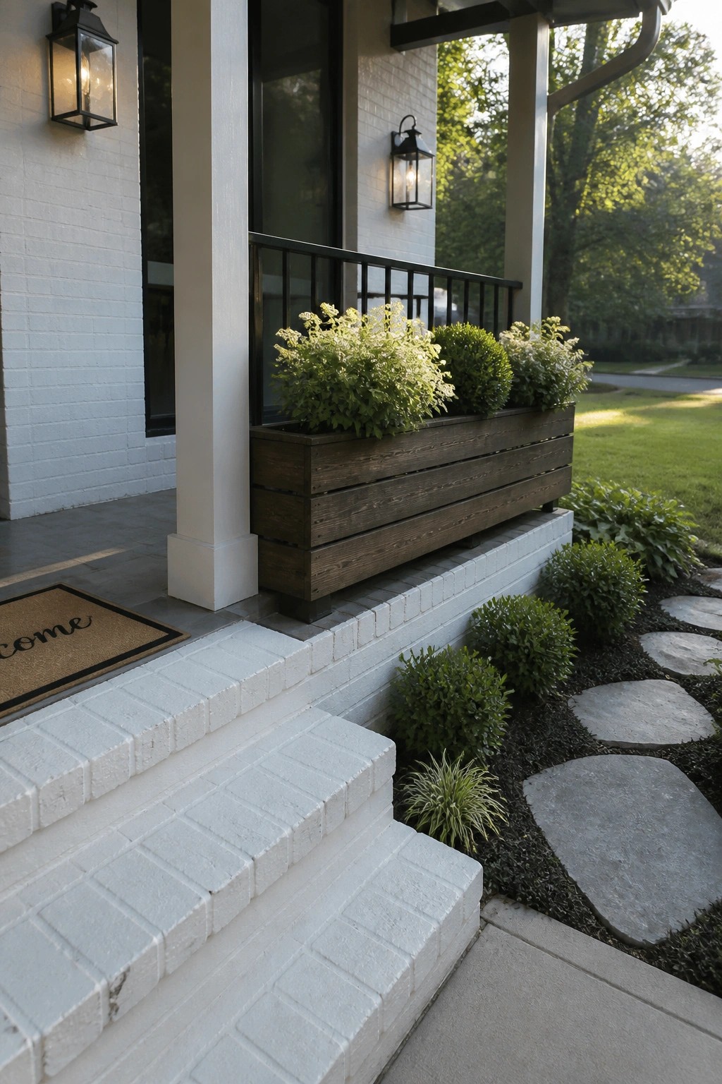 A dark wooden planter box filled with green plants sits on white brick steps next to a stone pathway at a house entrance.