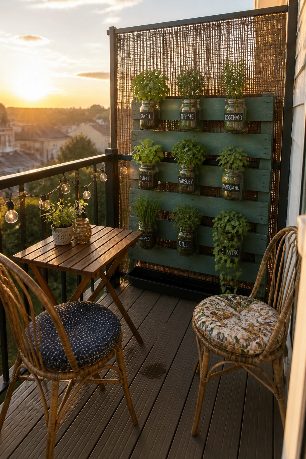A green wooden pallet mounted vertically on a balcony holds glass jars with labeled herb plants including basil, thyme, rosemary, mint, parsley, oregano, chives, dill, and cilantro.