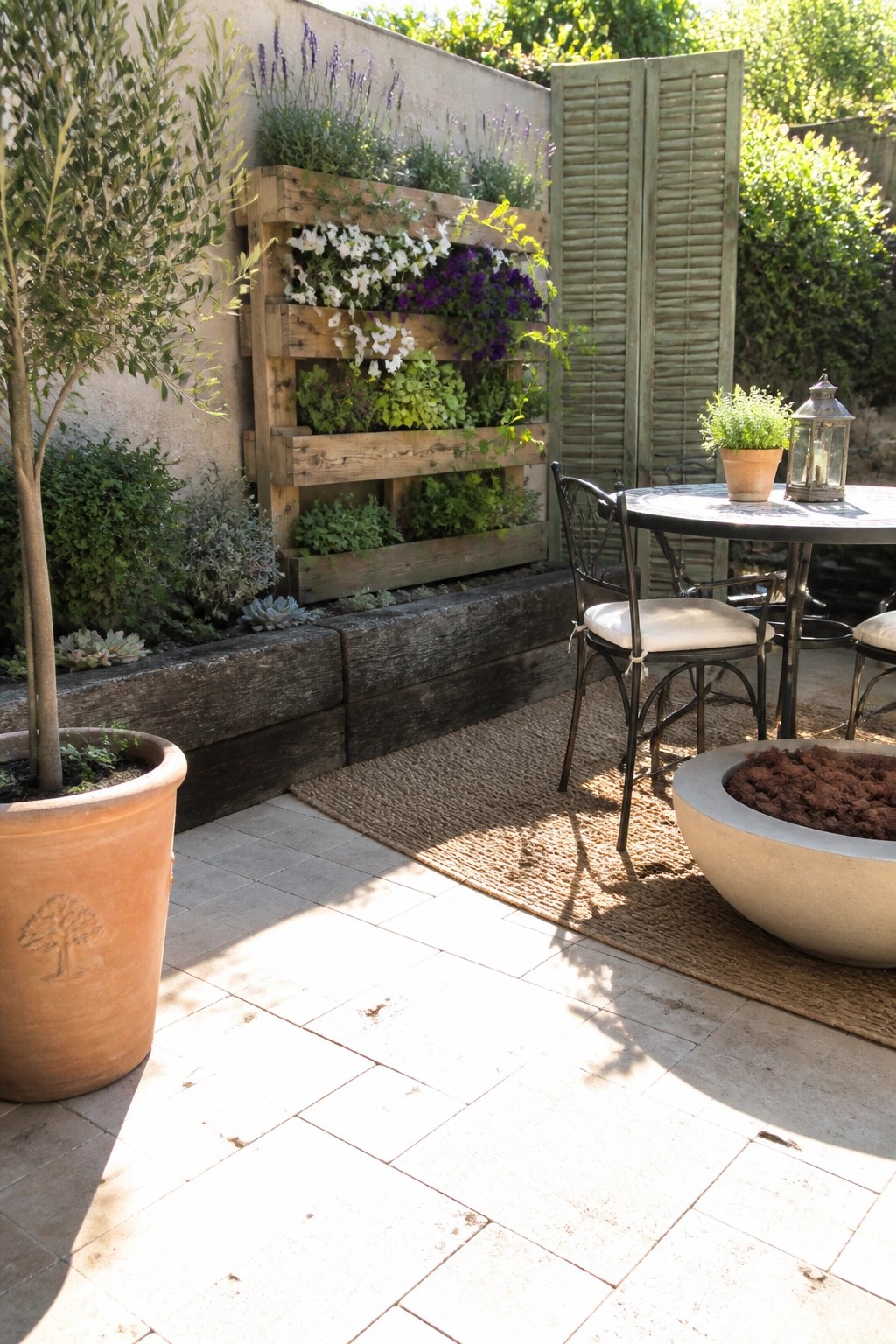 A wooden pallet planter filled with flowers and greenery is mounted on a stone wall next to a patio seating area.