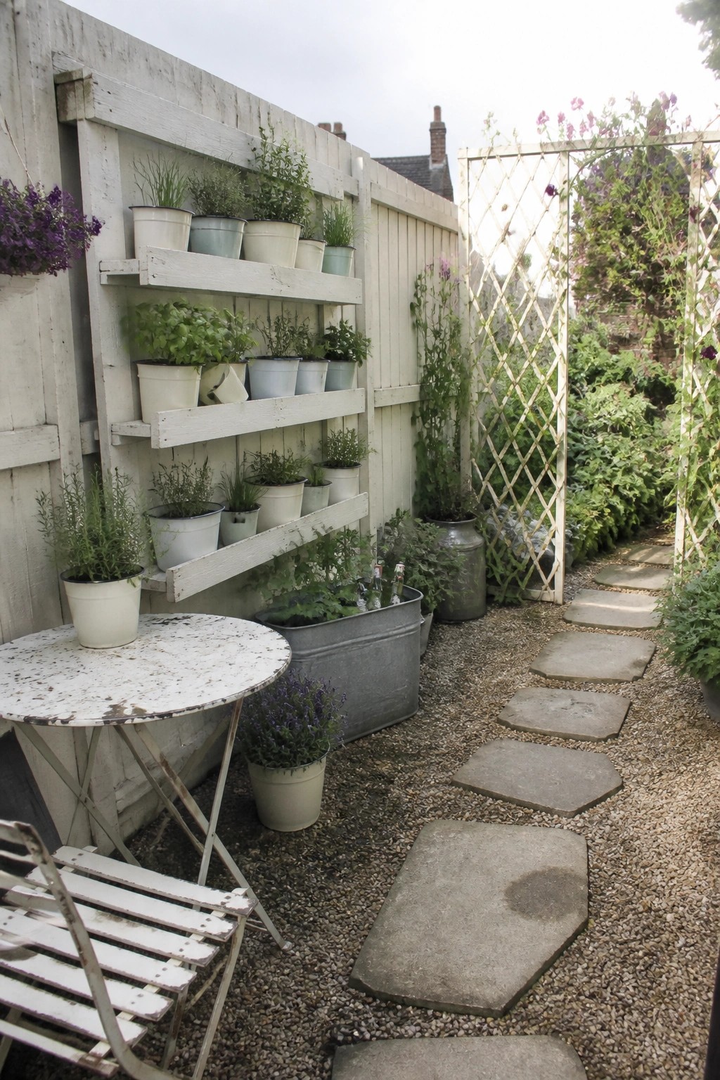 A gravel garden path with stone stepping stones runs beside a white wooden fence fitted with multiple shelves holding rows of potted plants.
