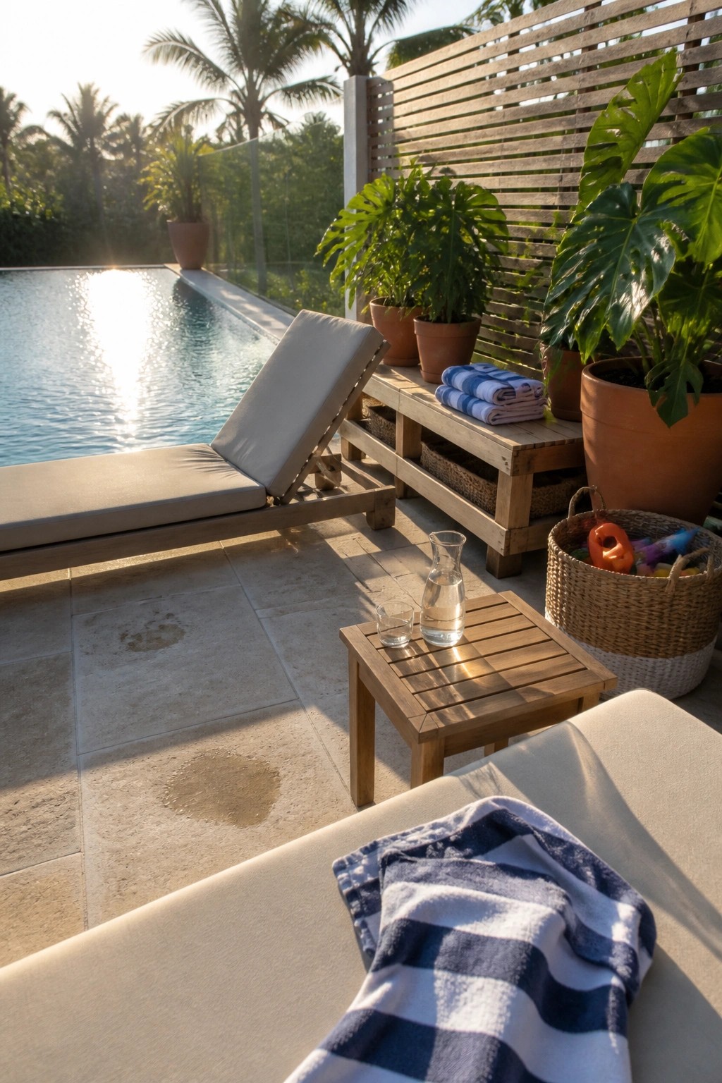 A poolside patio shows a wooden pallet bench holding several potted plants and folded towels next to lounge chairs.