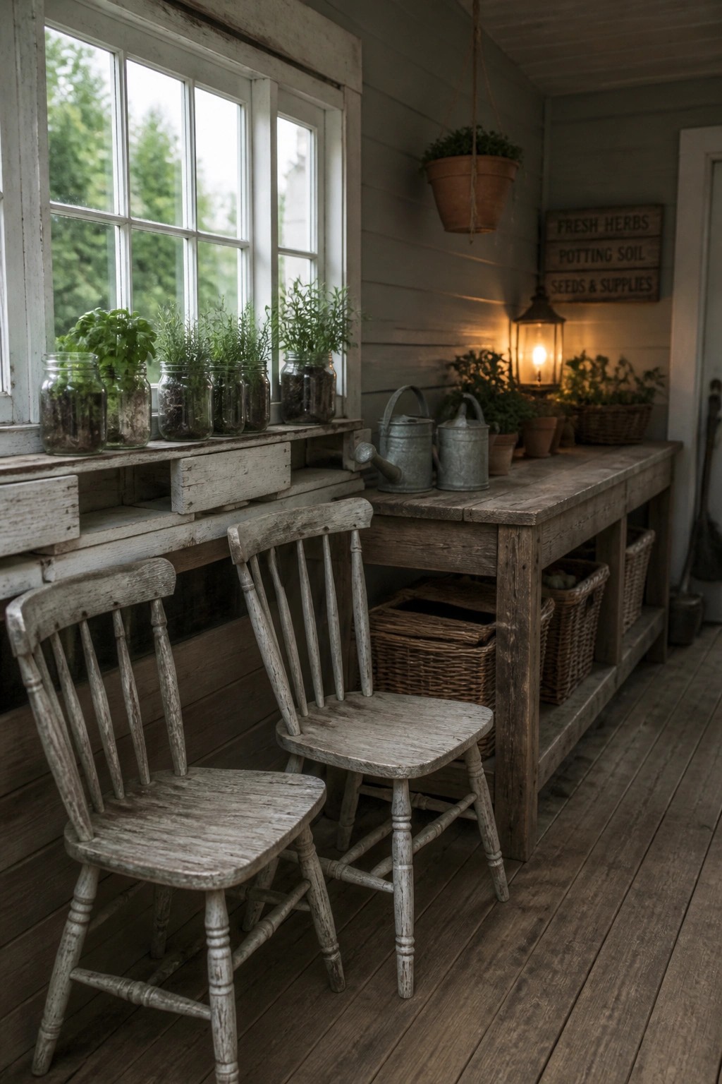 Rustic interior scene showing a wooden ledge under a window lined with herb plants growing in glass jars, with two old wooden chairs in front.