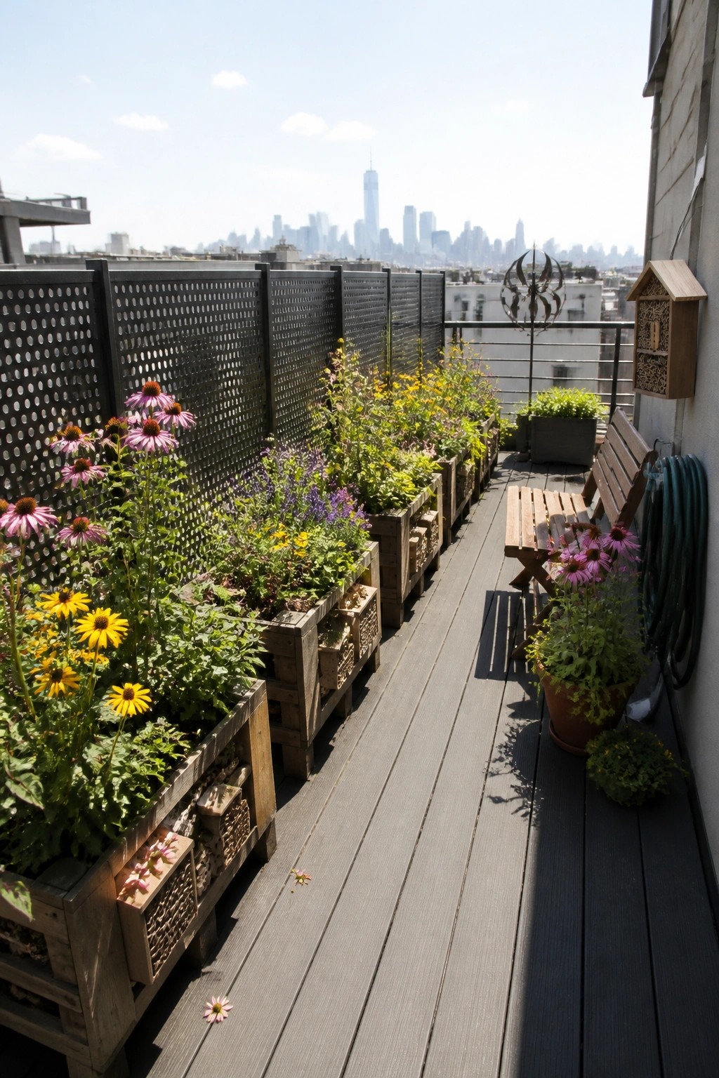 A narrow wooden deck lined with multiple raised wooden pallet planters filled with colorful flowers, overlooking a city skyline.