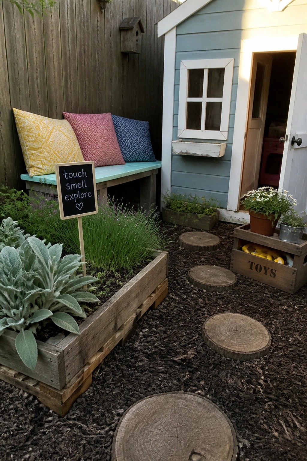 Playhouse garden with blue shed, cushioned bench, chalkboard sign, and log stepping stones