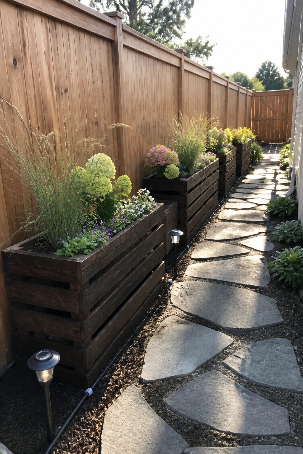 Wooden planters with flowers line a winding stone path beside a fence.