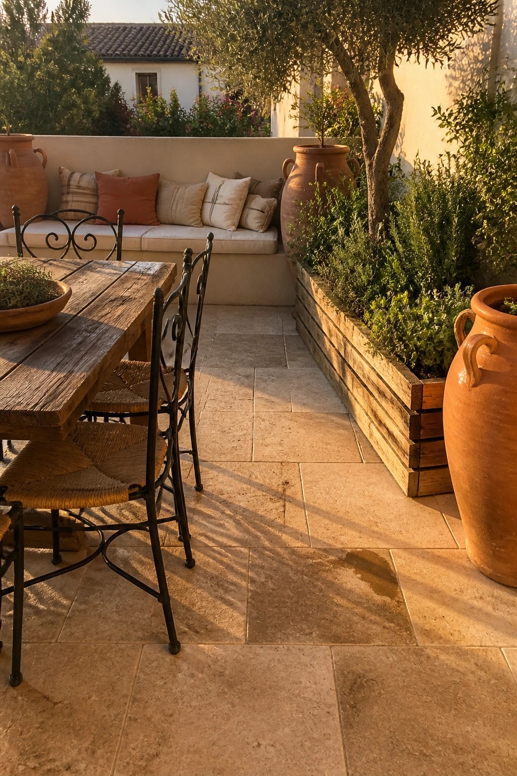 A paved outdoor patio with a wooden table and woven chairs, a cushioned bench against a wall, a long wooden planter box with green plants, and several large terracotta pots.