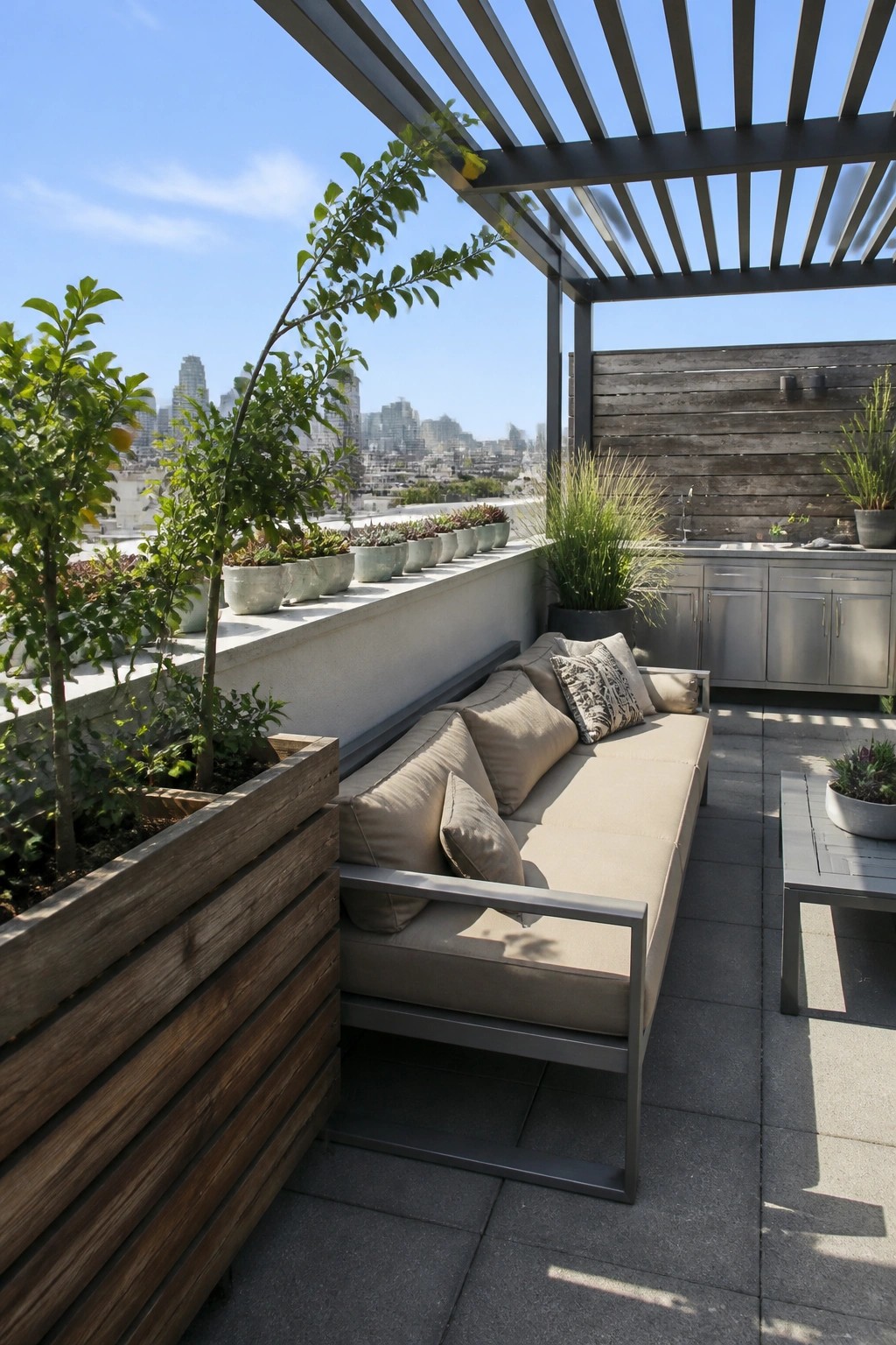 Modern rooftop terrace with beige sofa, wooden planters, pergola, and city skyline