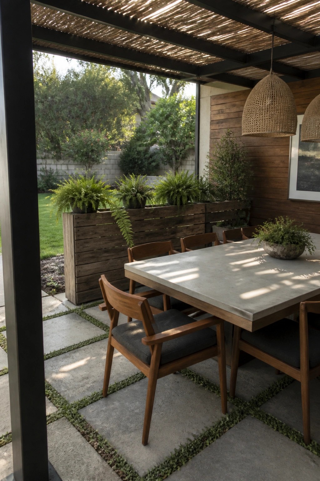 An outdoor concrete dining table with wooden chairs is placed next to wooden pallet planter boxes filled with ferns on a stone patio overlooking grass and trees.
