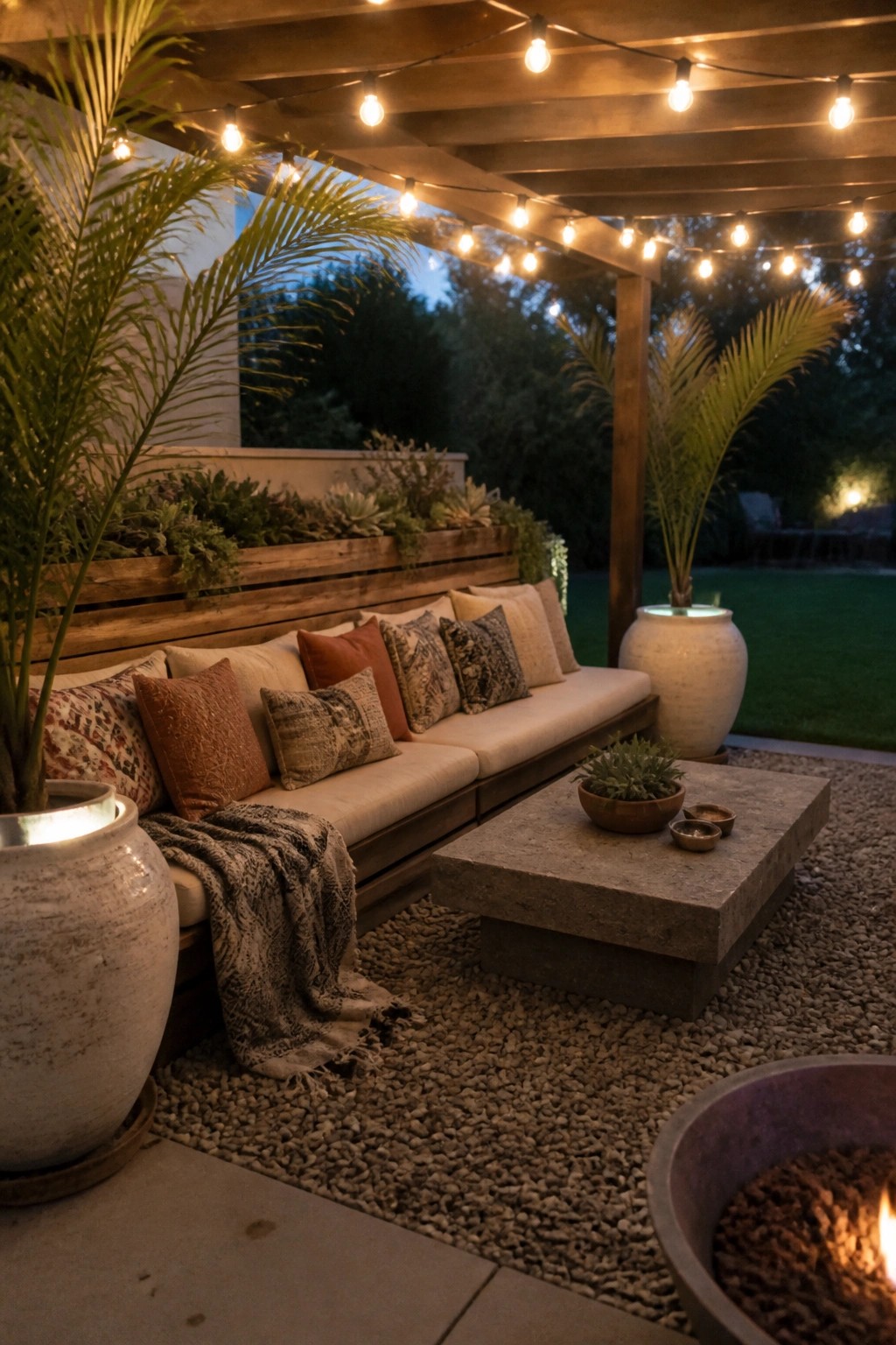 An outdoor patio with a long wooden bench sofa, cushions, a stone coffee table, string lights, potted plants, and wooden planter boxes with greenery behind the bench.