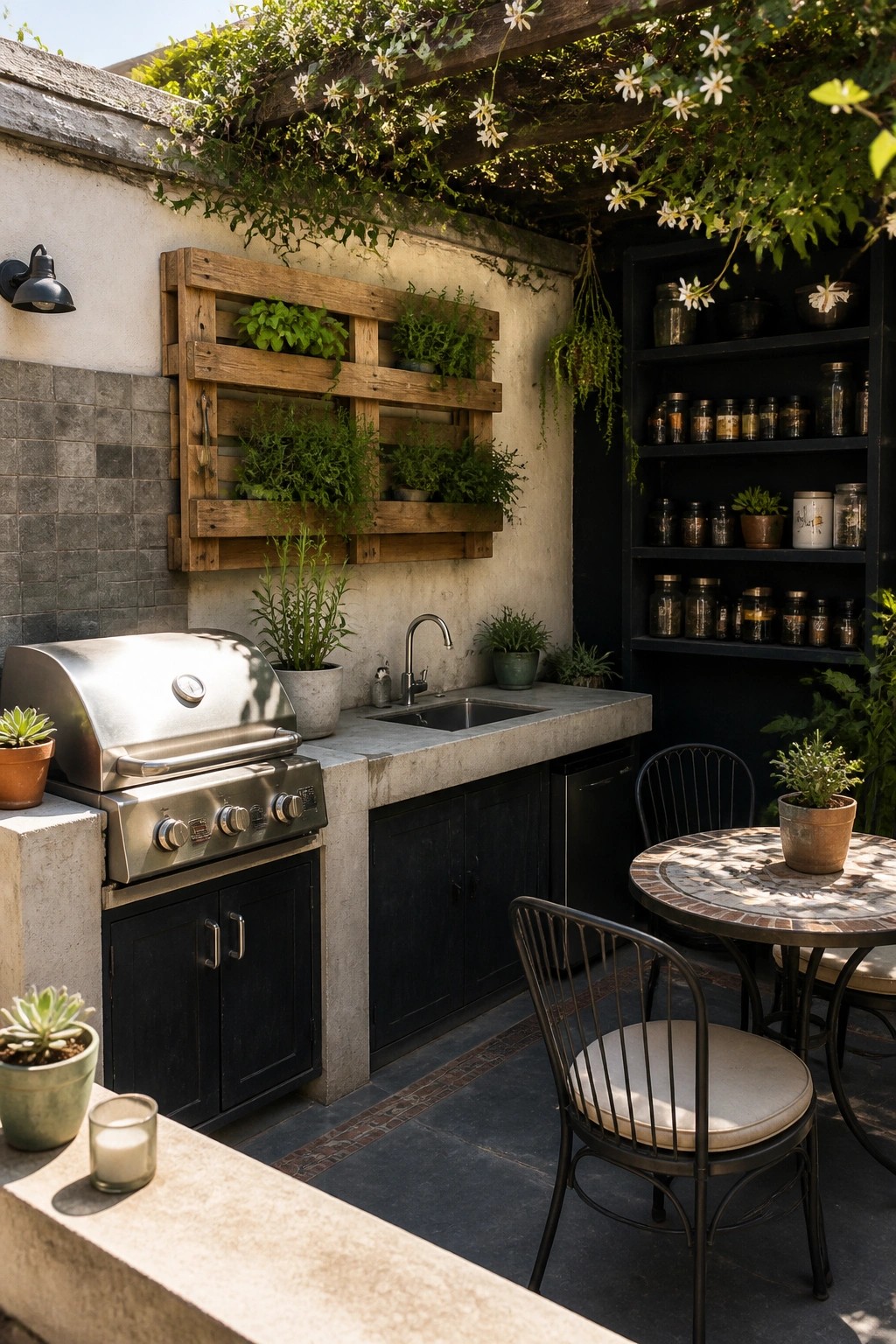 An outdoor kitchen area with a wooden pallet mounted on the wall holding multiple potted herbs, a stainless steel grill, concrete counter with sink, black shelving, and metal table and chairs nearby.
