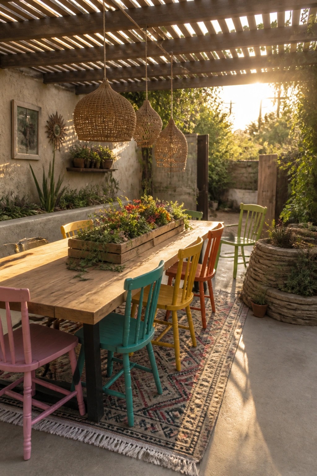 A long wooden outdoor dining table with a rectangular pallet-style planter box filled with colorful flowers running down the center, surrounded by mismatched painted chairs under a wooden pergola.