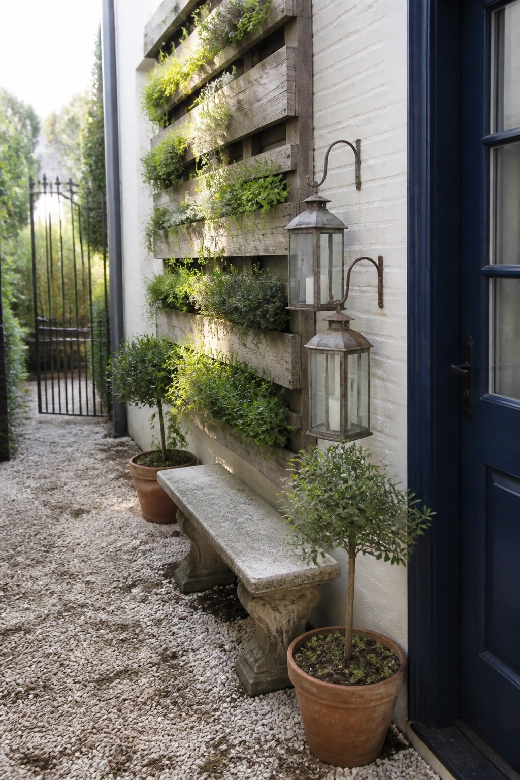 A wooden pallet planter mounted on a white brick wall holds rows of green plants beside a blue door, a stone bench, and potted shrubs on gravel.