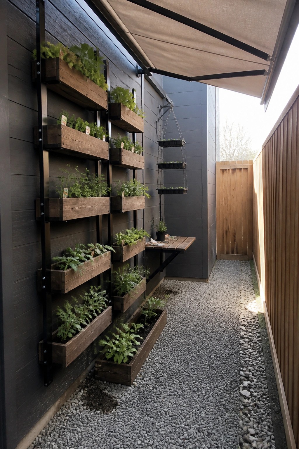 A narrow gravel path beside a dark wooden wall lined with multiple wooden pallet planters mounted at different heights, plus hanging trays and a few ground-level boxes.