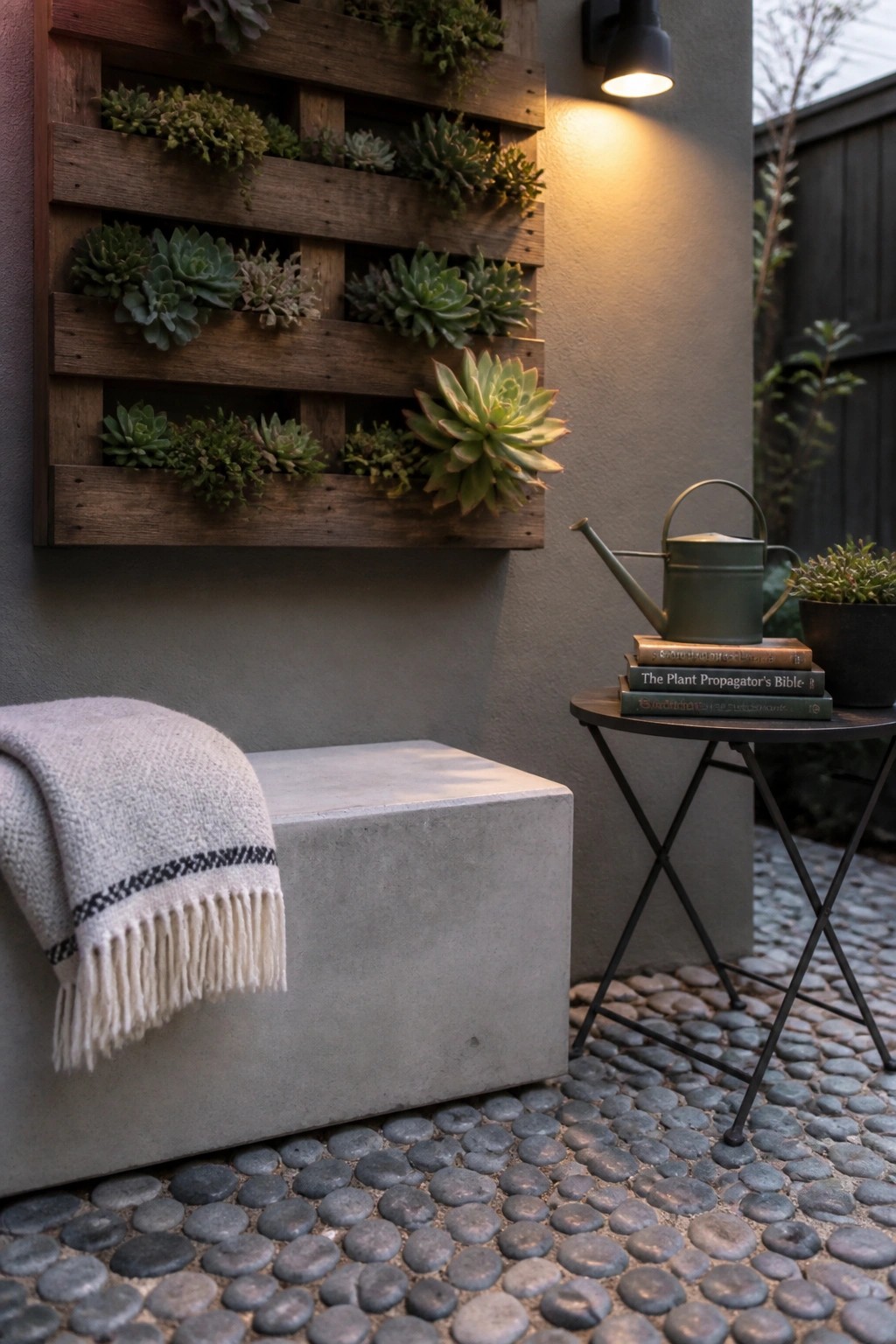A wooden pallet mounted on a gray wall holds rows of succulents above a concrete bench on a pebble patio.