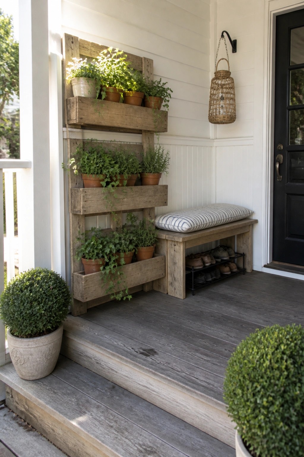 A multi-tier wooden pallet planter mounted on white siding holds potted plants above a wooden bench with a shoe rack on a gray porch deck.